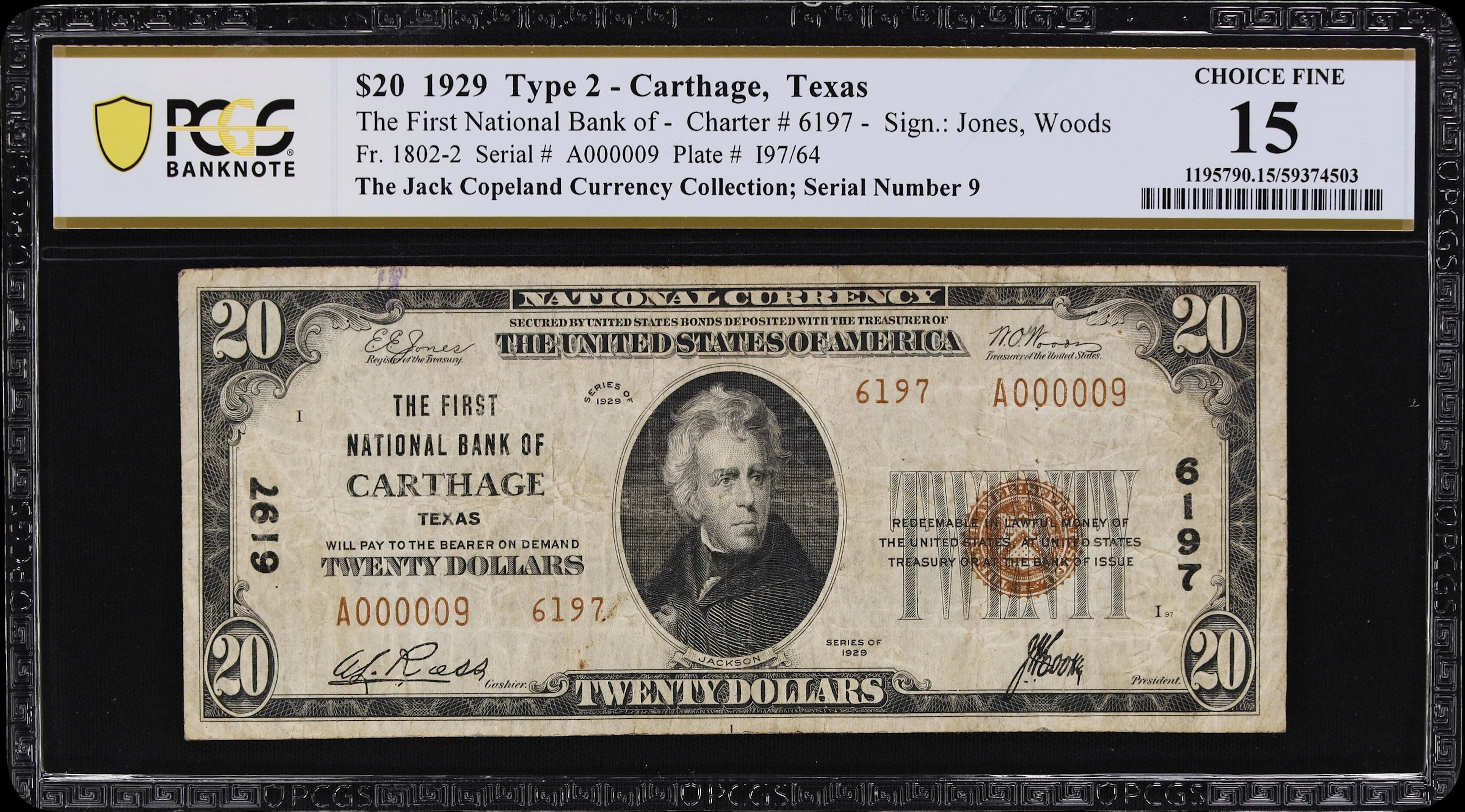 Carthage, Texas. $20 1929 Ty. 2. Fr. 1802-2. First NB. Charter #6197.