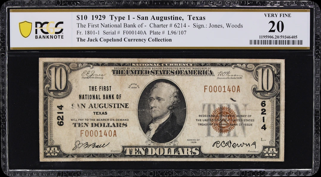 San Augustine, Texas. $10 1929 Ty. 1. Fr. 1801-1. First NB. Charter