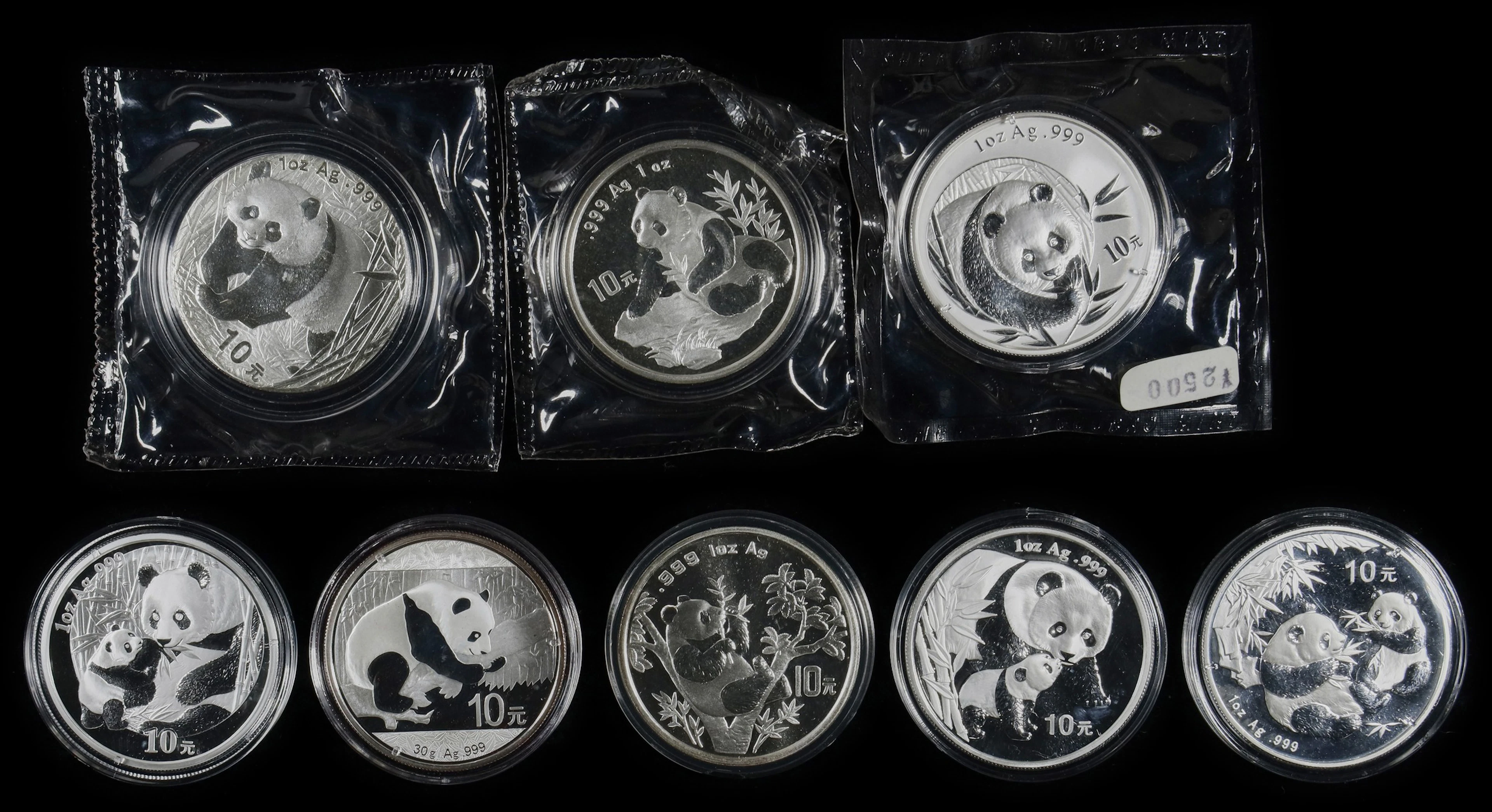 (t) CHINA. Octet of Silver 10 Yuan (8 Pieces), 1995-2016. Panda Series.