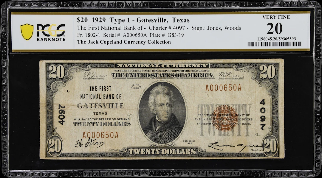 Gatesville, Texas. $20 1929 Ty. 1. Fr. 1802-1. First NB. Charter #4097.