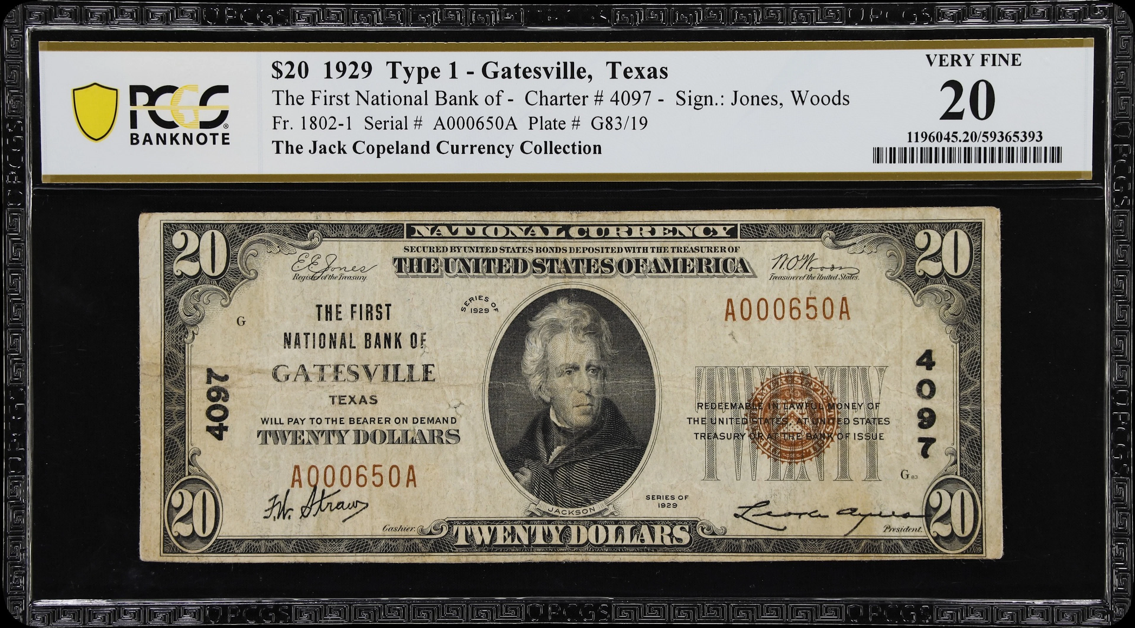 Gatesville, Texas. $20 1929 Ty. 1. Fr. 1802-1. First NB. Charter #4097.