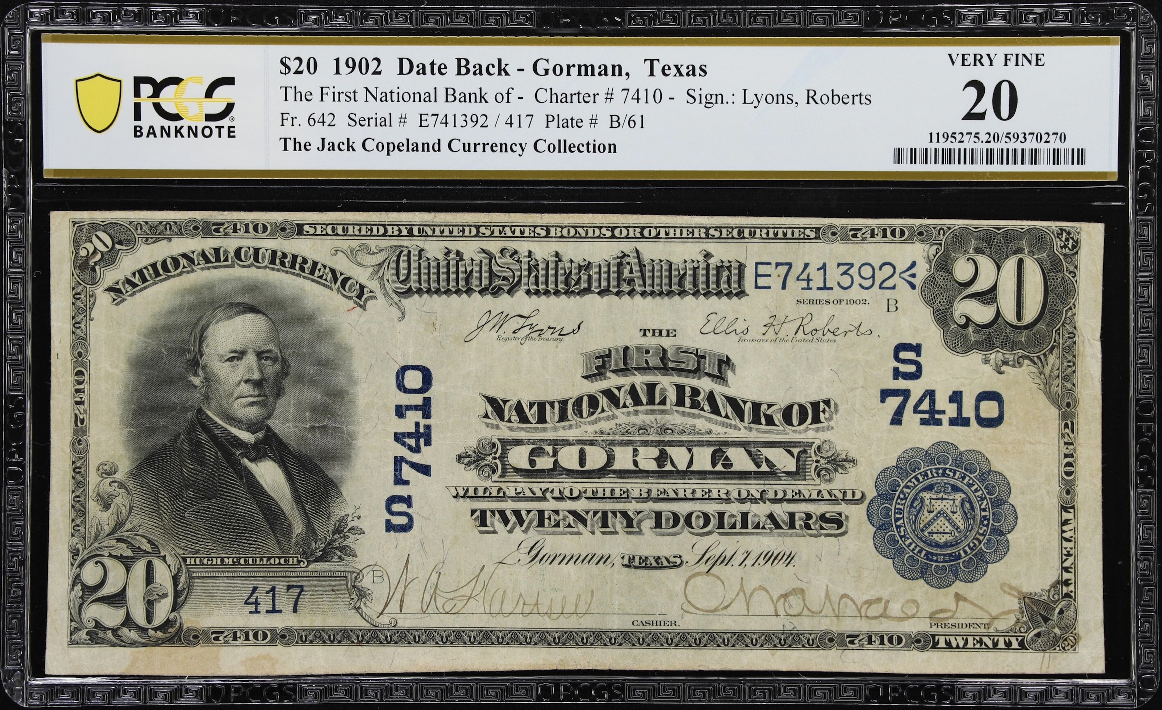 Gorman, Texas. $20 1902 Date Back. Fr. 642. First NB. Charter #7410.