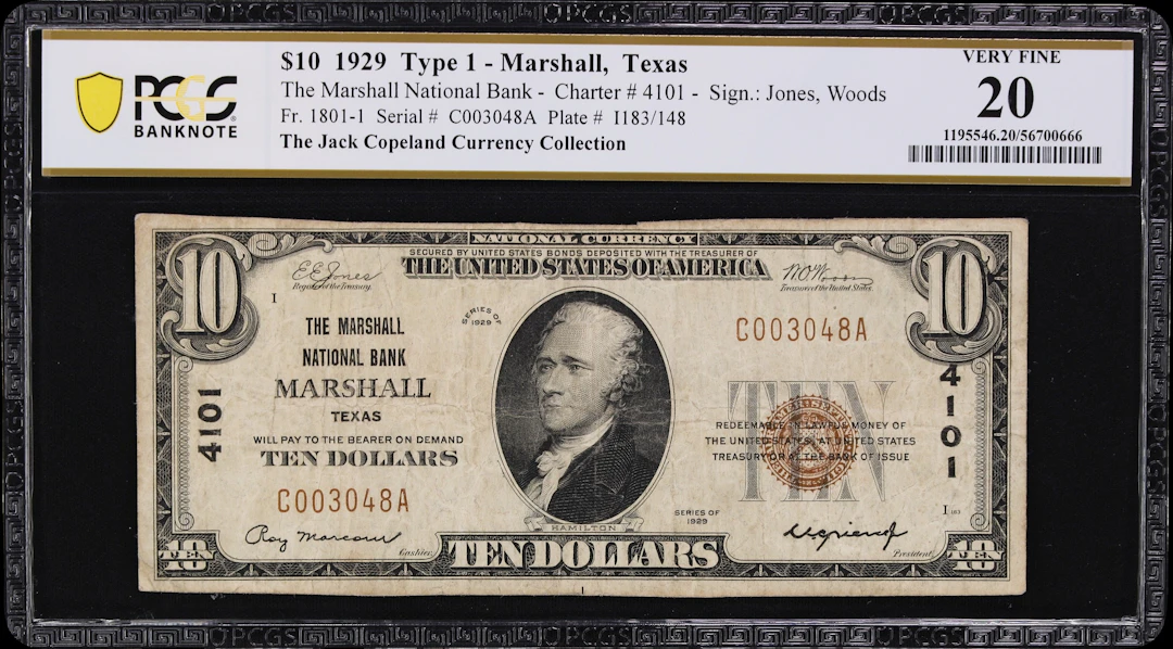 Marshall, Texas. $10 1929 Ty. 1. Fr. 1801-1. Marshall NB. Charter