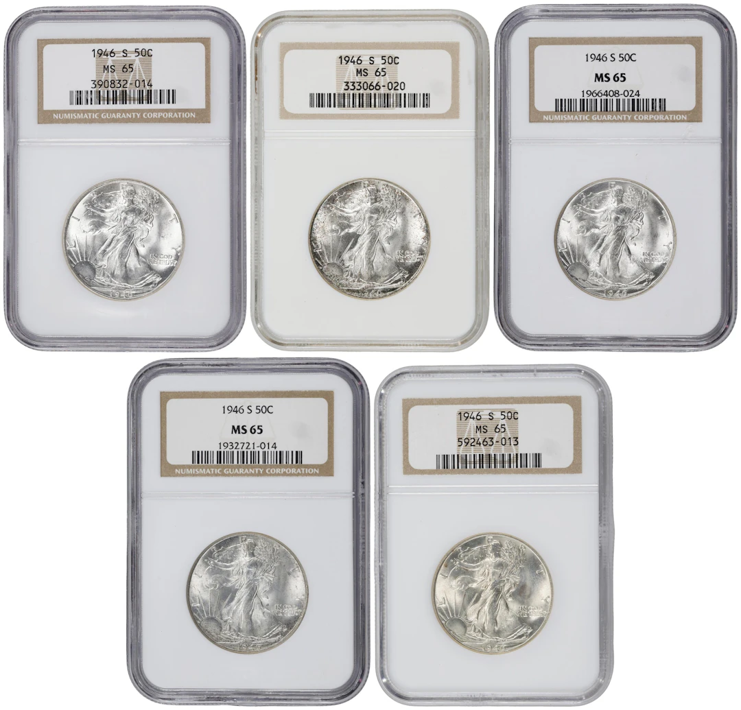 Lot of (5) 1946-S Walking Liberty Half Dollars. MS-65 (NGC).