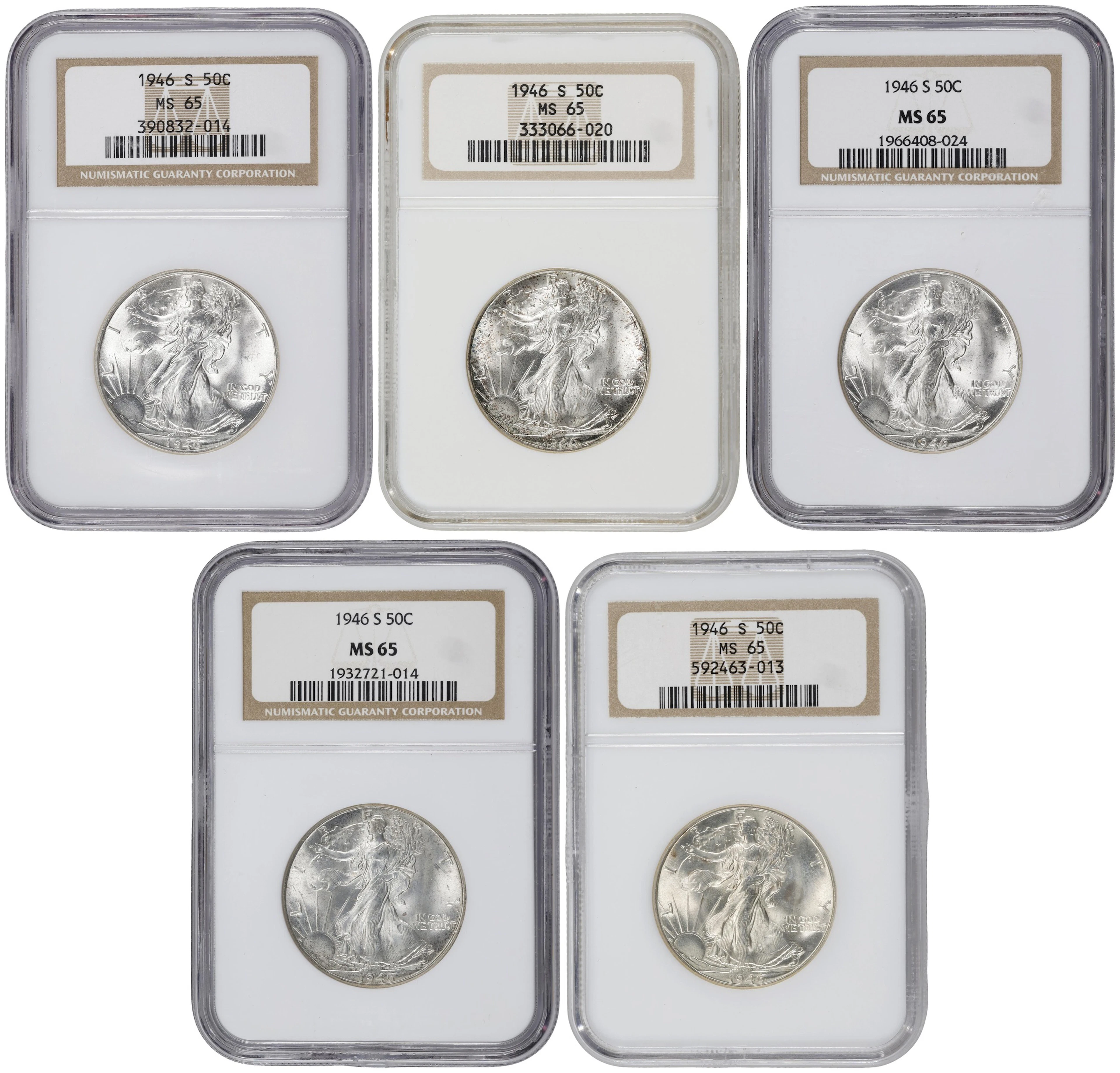 Lot of (5) 1946-S Walking Liberty Half Dollars. MS-65 (NGC).