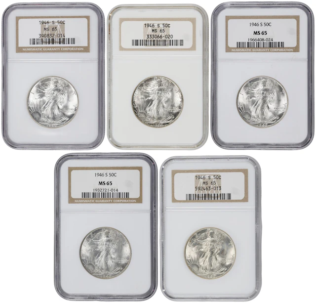 Lot of (5) 1946-S Walking Liberty Half Dollars. MS-65 (NGC).