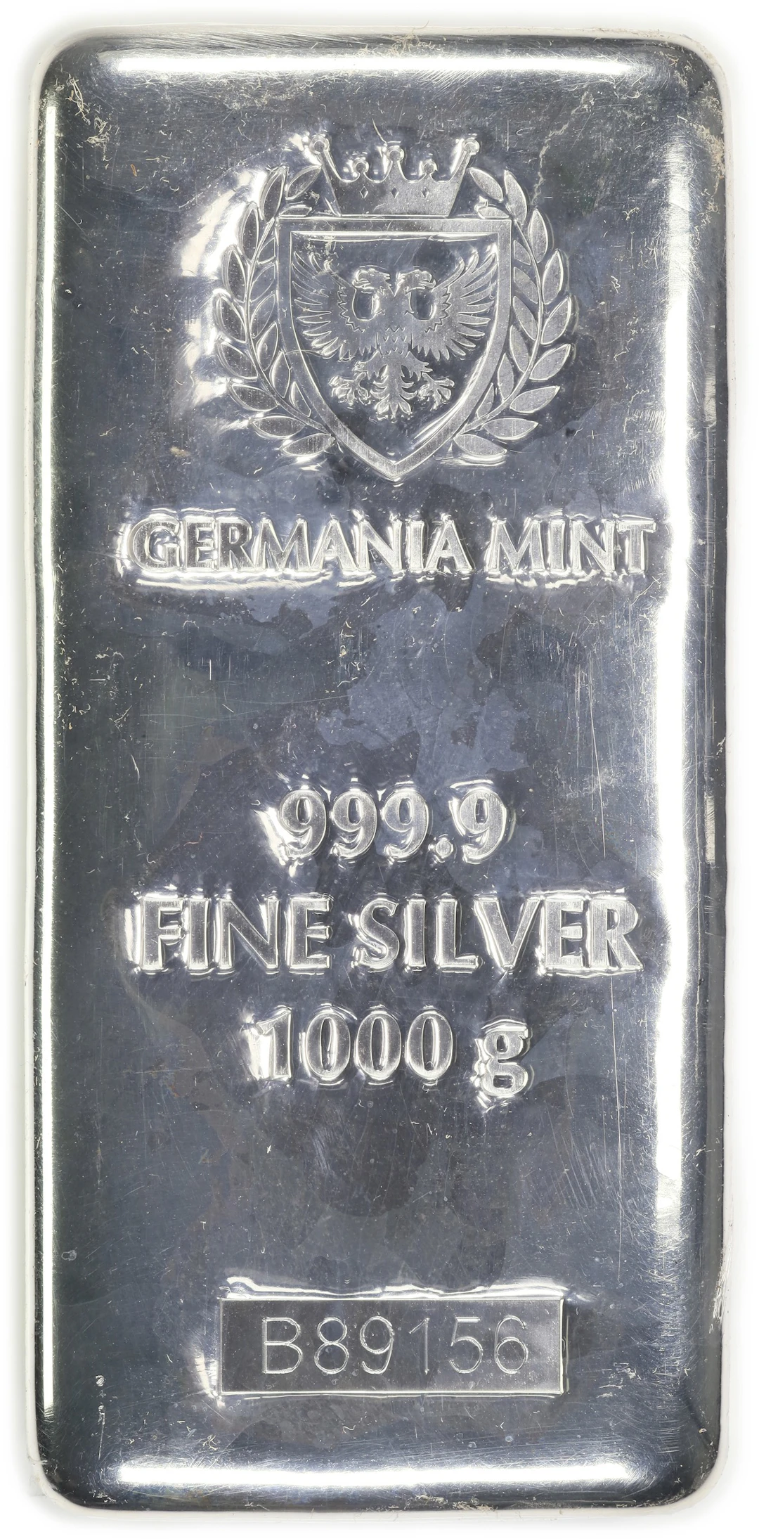 (32.151 oz, 1000 g ASW). Germania Mint 1 Kilo Silver Bar.