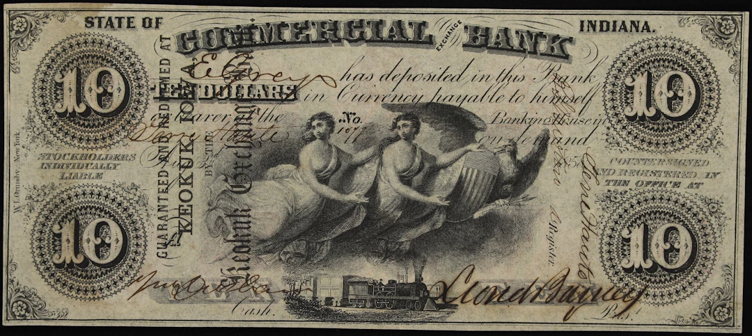 Terre Haute, Indiana. Commercial Exchange Bank. 1858 $10. Choice Uncirculated.