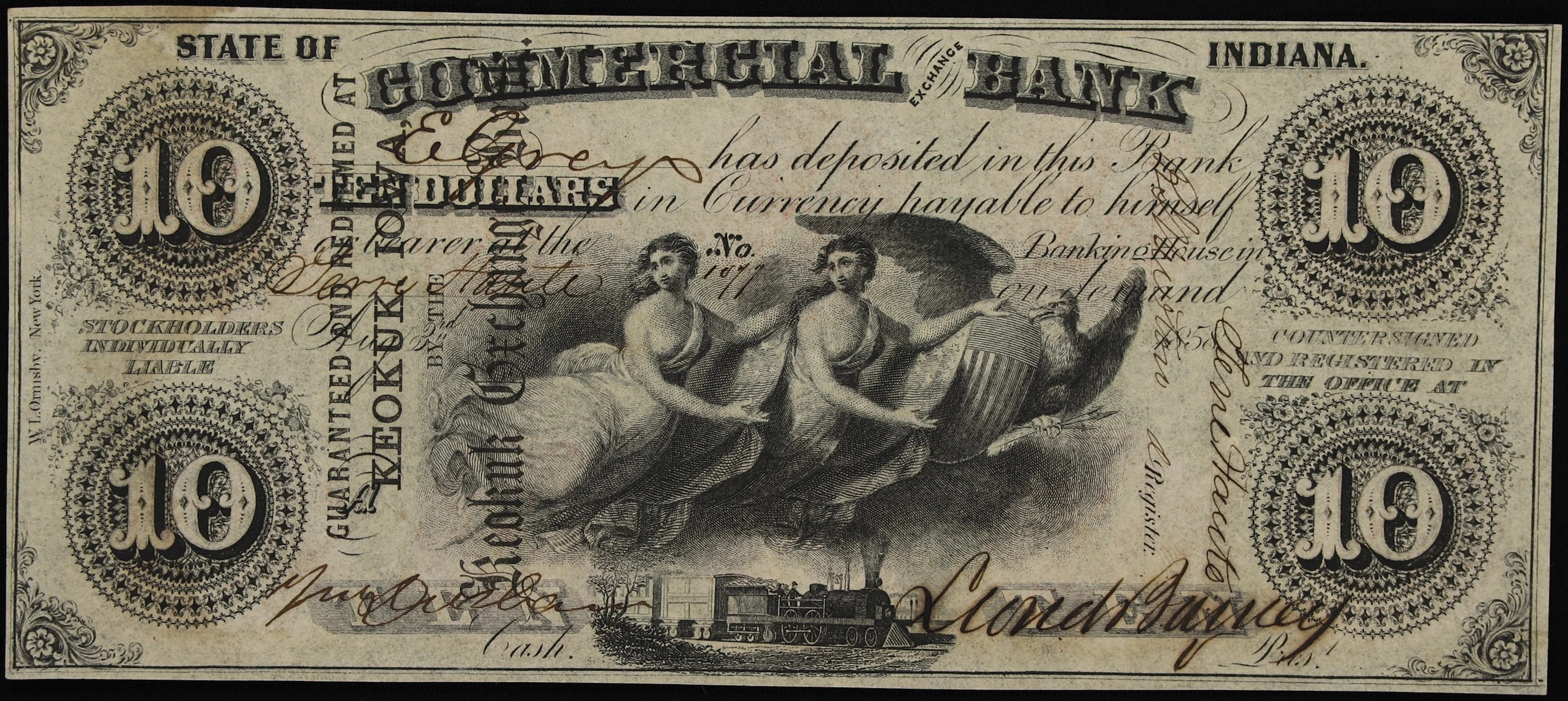 Terre Haute, Indiana. Commercial Exchange Bank. 1858 $10. Choice Uncirculated.