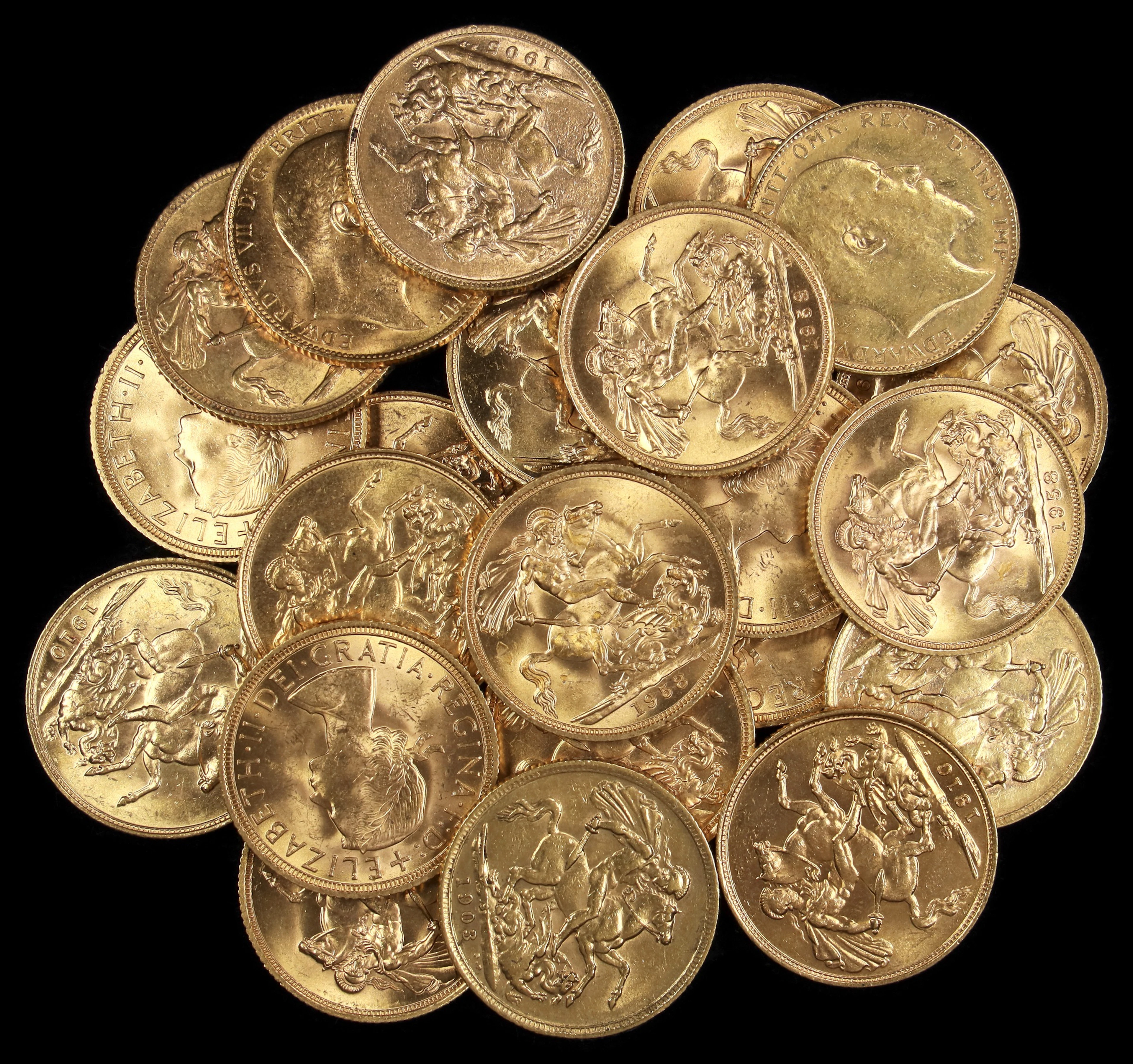 (5.181 oz, 161.15 g AGW). Mixed World. Lot of (22) Mixed Date Gold Sovereigns.