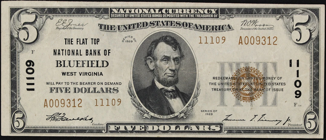 Bluefield, West Virginia. $5 1929 Ty. 2. Fr. 1800-2. The Flat Top