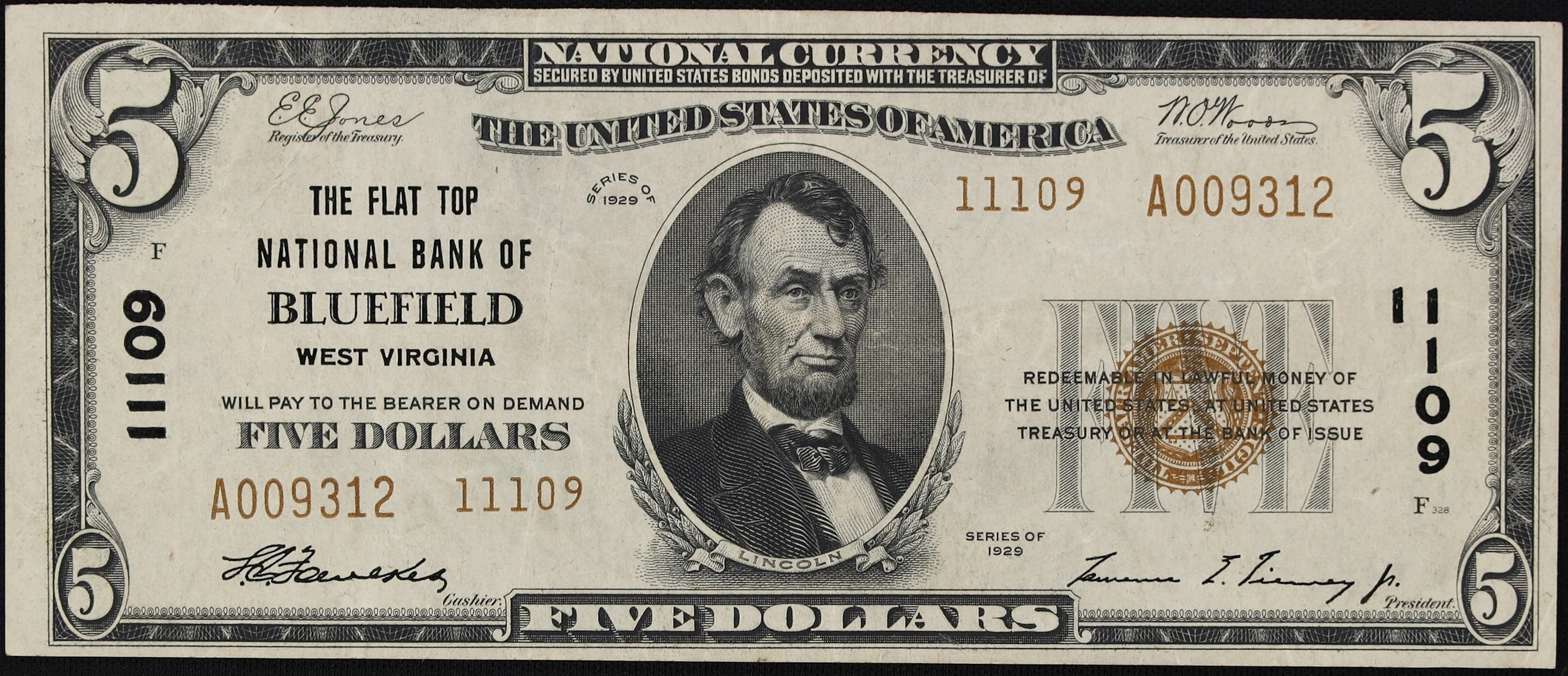 Bluefield, West Virginia. $5 1929 Ty. 2. Fr. 1800-2. The Flat Top