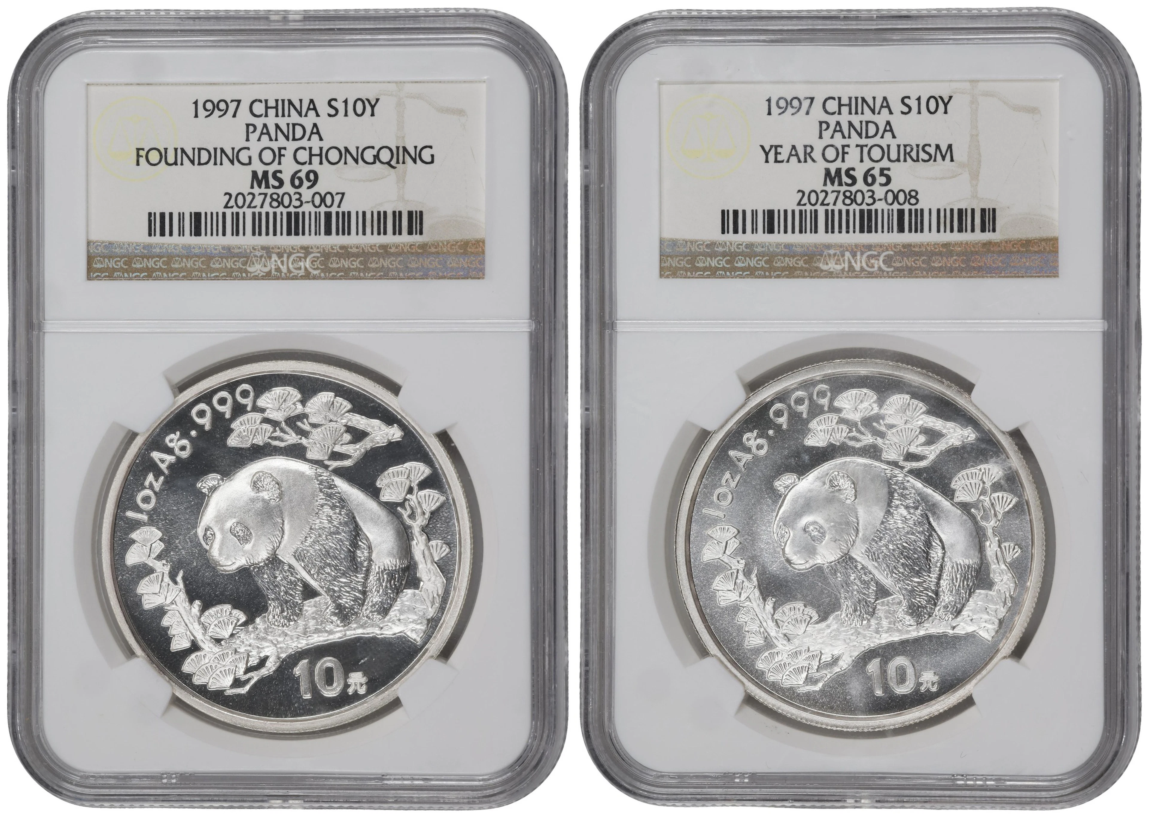 (t) CHINA. Duo of Silver 10 Yuan (2 Pieces), 1997. Panda Series. Both