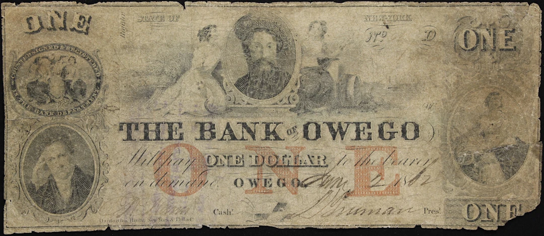 Owego, New York. Bank of Owego. 1862 $1. Very Good.