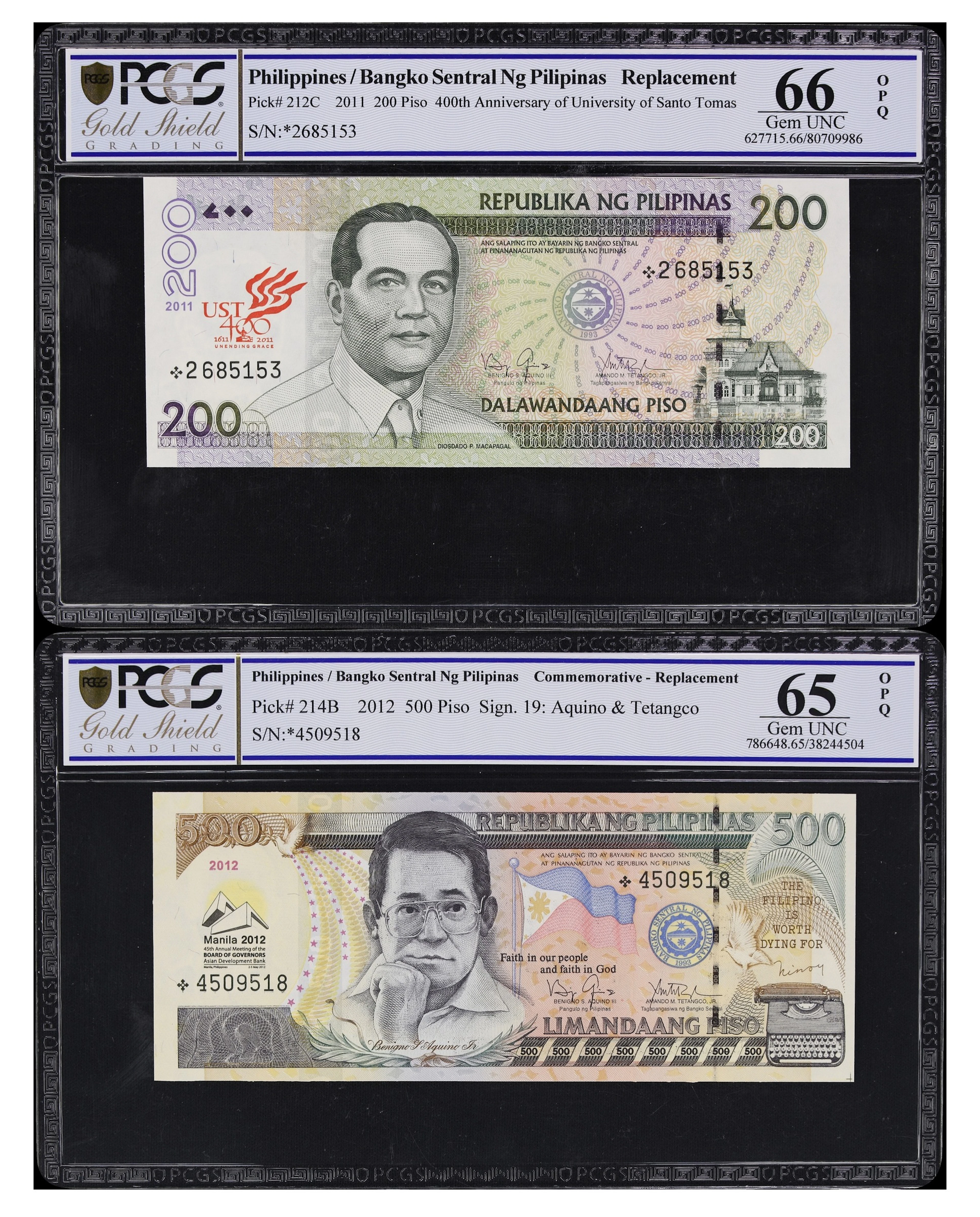 PHILIPPINES. Lot of (2). Bangko Sentral ng Pilipinas. 200 & 500 Piso