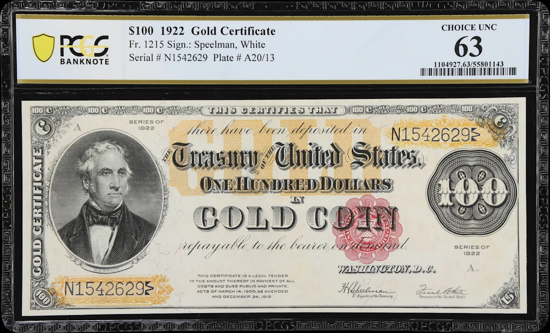 Fr. 1215. 1922 $100 Gold Certificate. PCGS Banknote Choice Uncirculated 63.