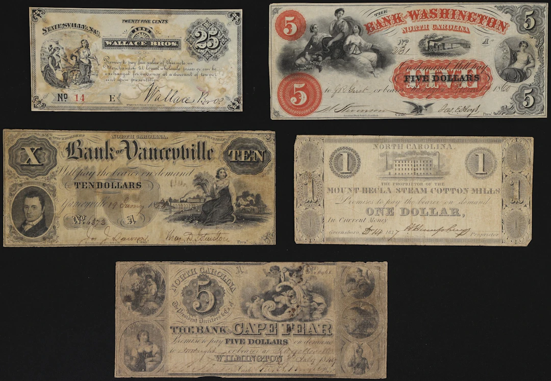 Lot of (5) North Carolina Obsoletes. Mixed Issuers. 1850s - 82 Mixed