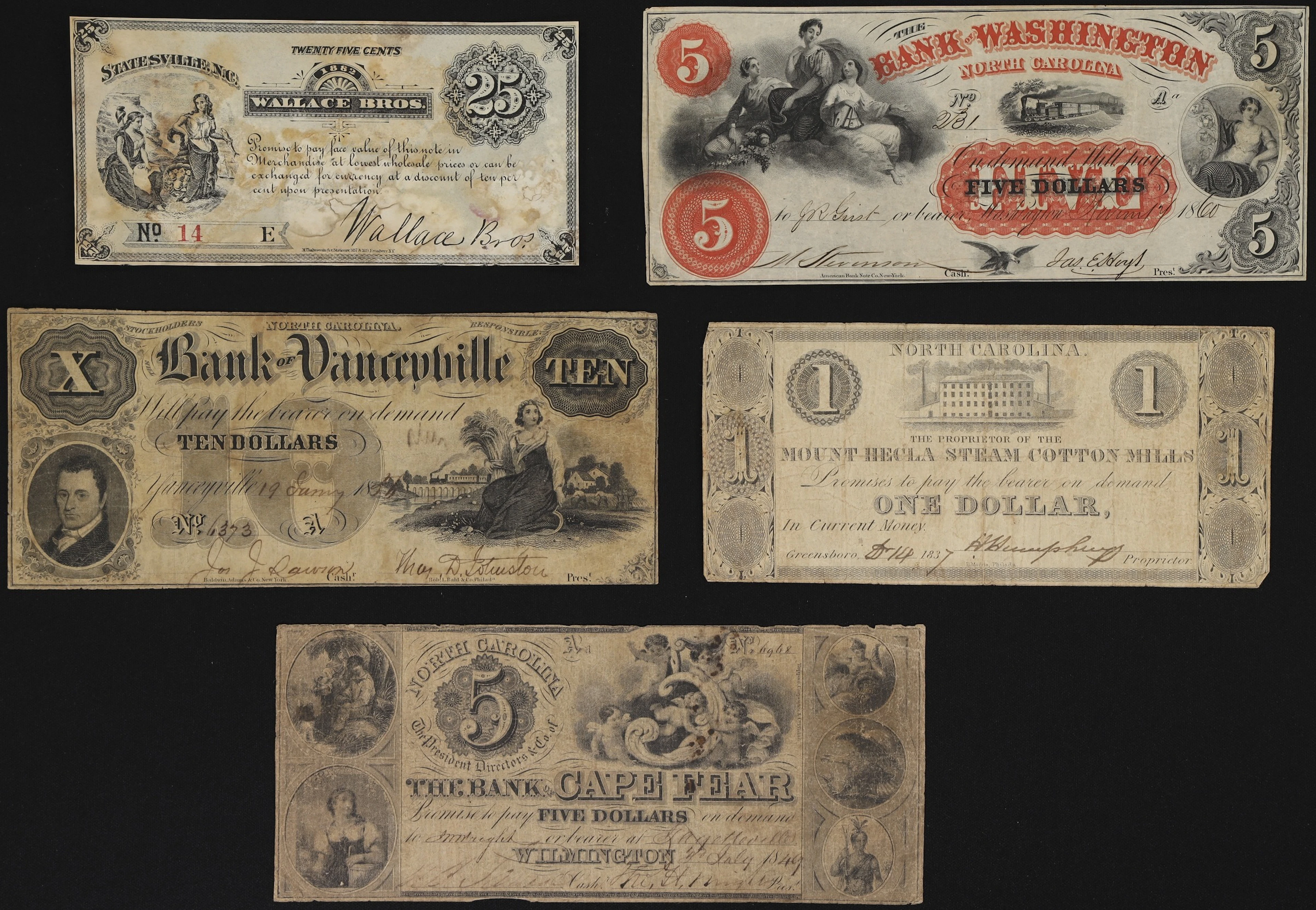 Lot of (5) North Carolina Obsoletes. Mixed Issuers. 1850s - 82 Mixed