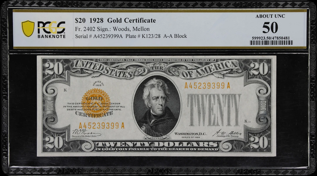 Fr. 2402. 1928 $20 Gold Certificate. PCGS Banknote About Uncirculated 50.