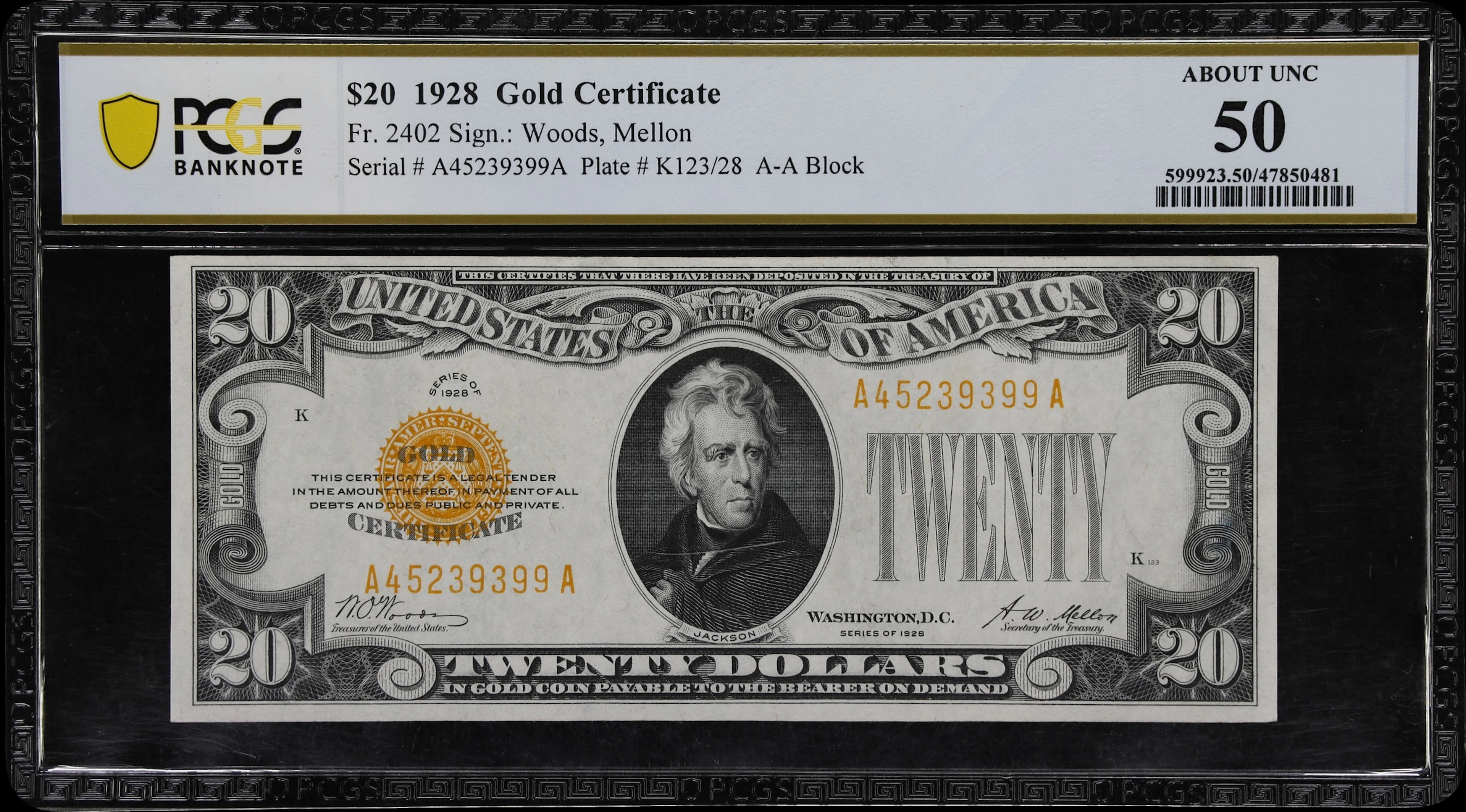 Fr. 2402. 1928 $20 Gold Certificate. PCGS Banknote About Uncirculated 50.