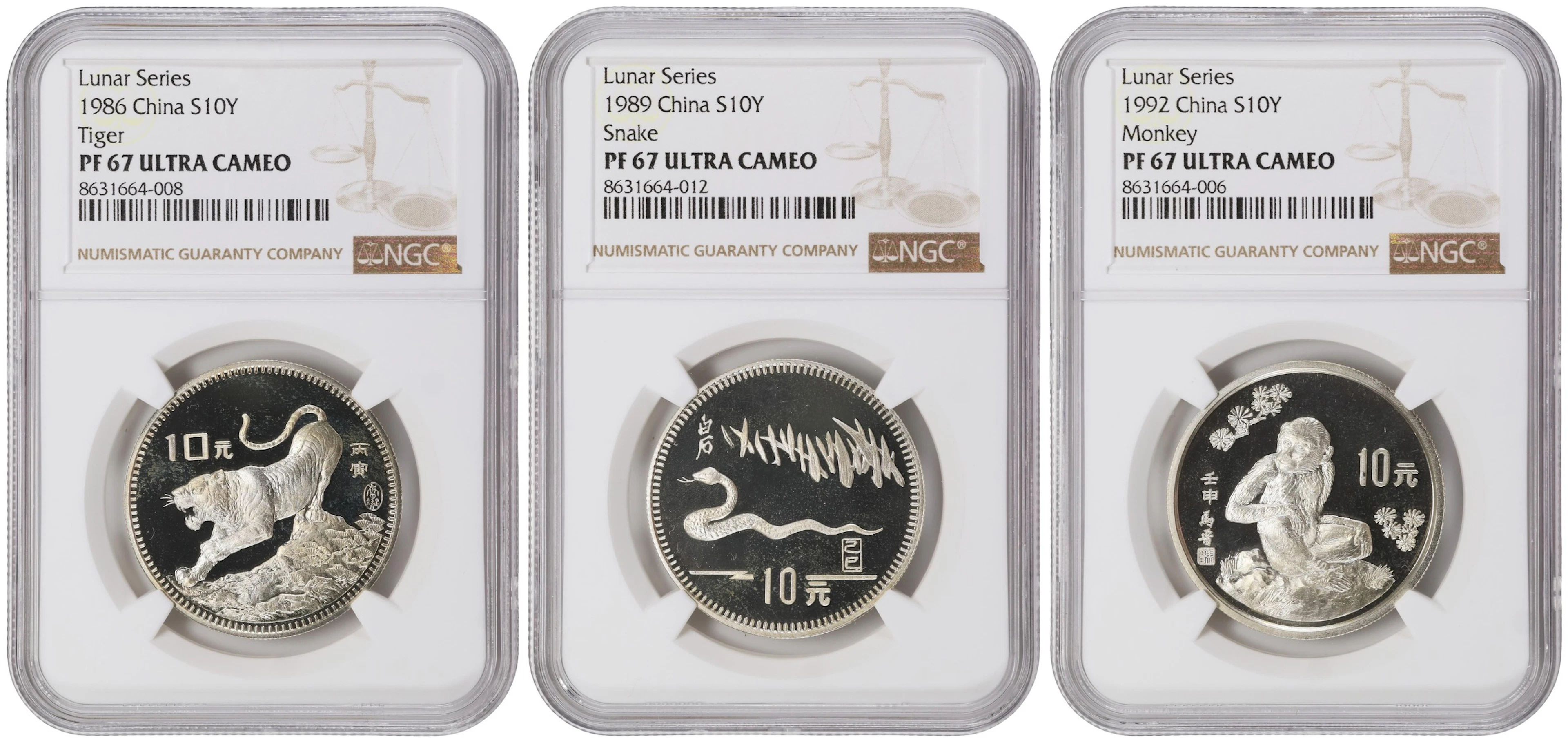 (t) CHINA. Trio of Silver 10 Yuan (3 Pieces), 1986-92. Lunar Series.