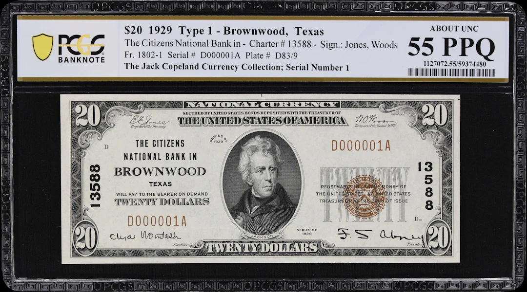 Brownwood, Texas. $20 1929 Ty. 1. Fr. 1802-1. Citizens NB. Charter