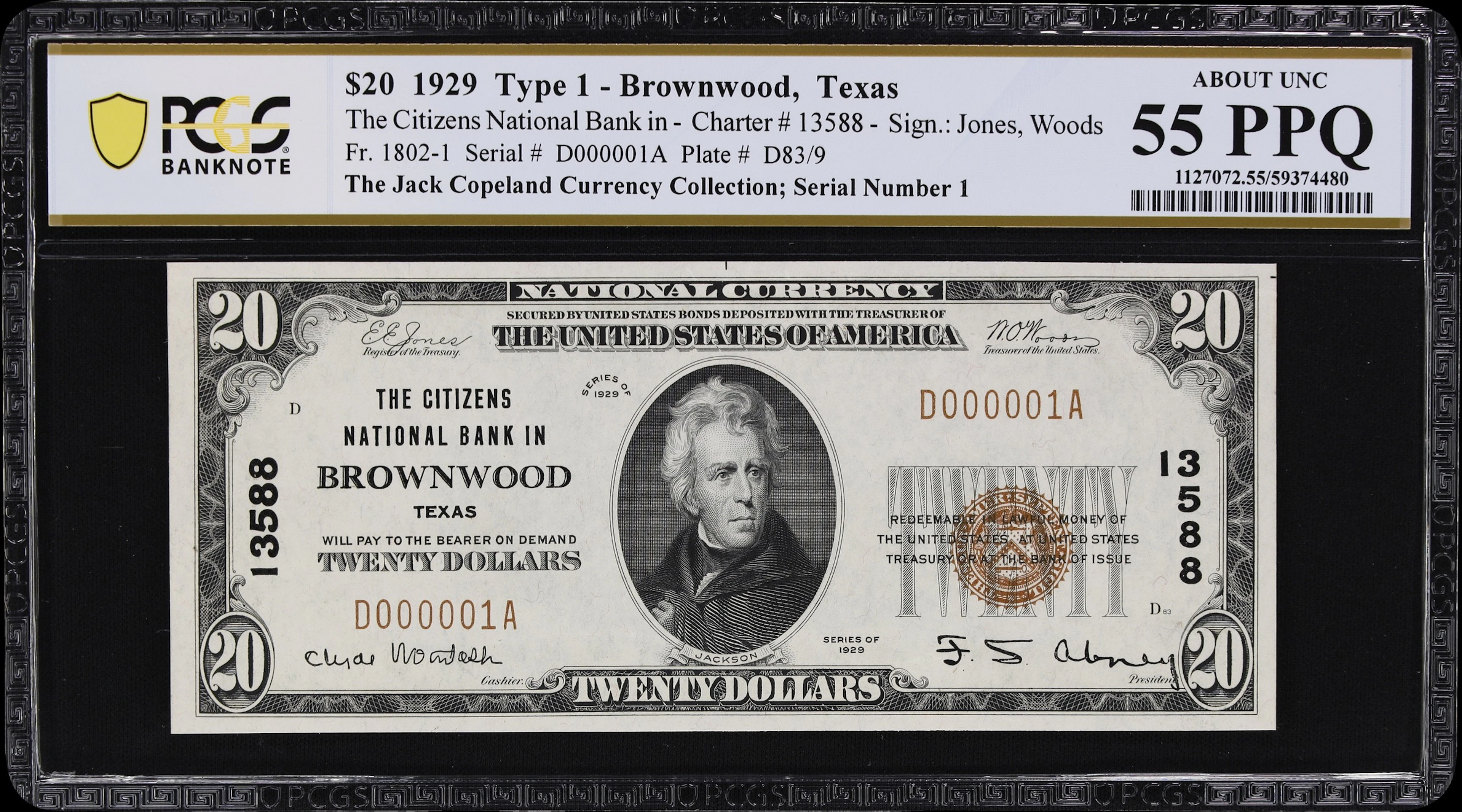 Brownwood, Texas. $20 1929 Ty. 1. Fr. 1802-1. Citizens NB. Charter