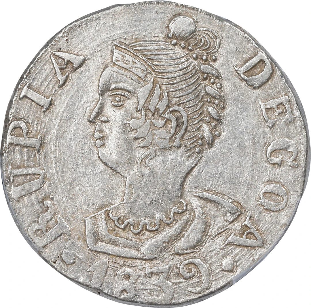 INDIA. Portuguese India. Goa. Rupia, 1839. Goa Mint. Maria II. PCGS AU-55.