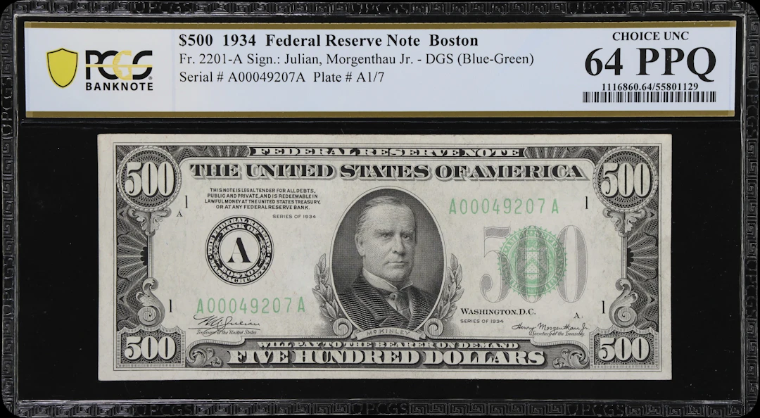 Fr. 2201-A. 1934 Dark Green Seal $500 Federal Reserve Note. Boston.