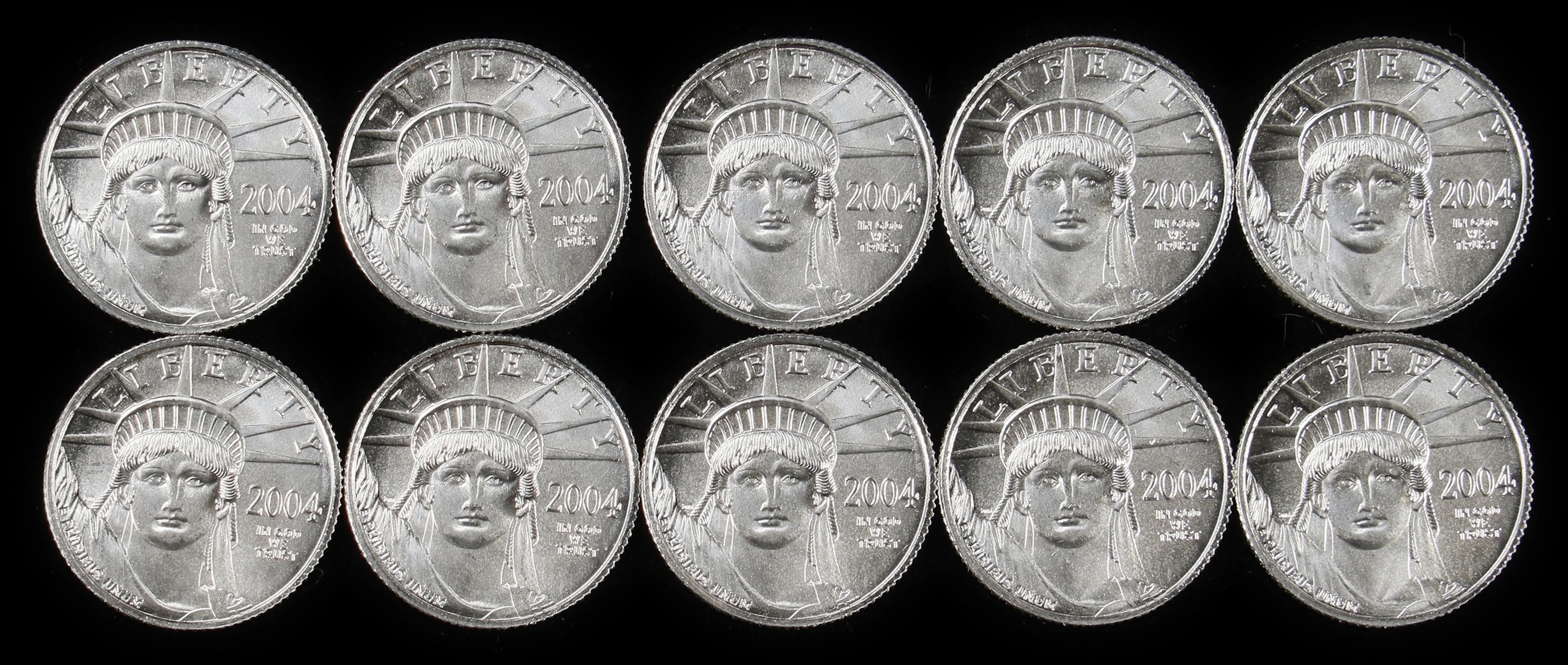(1 oz, 31.104 g APtW). Lot of (10) 2004 American Platinum Eagle $10.