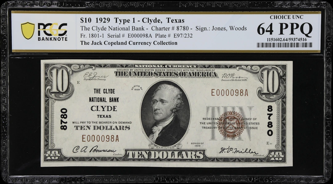 Clyde, Texas. $10 1929 Ty. 1. Fr. 1801-1. Clyde NB. Charter #8780.