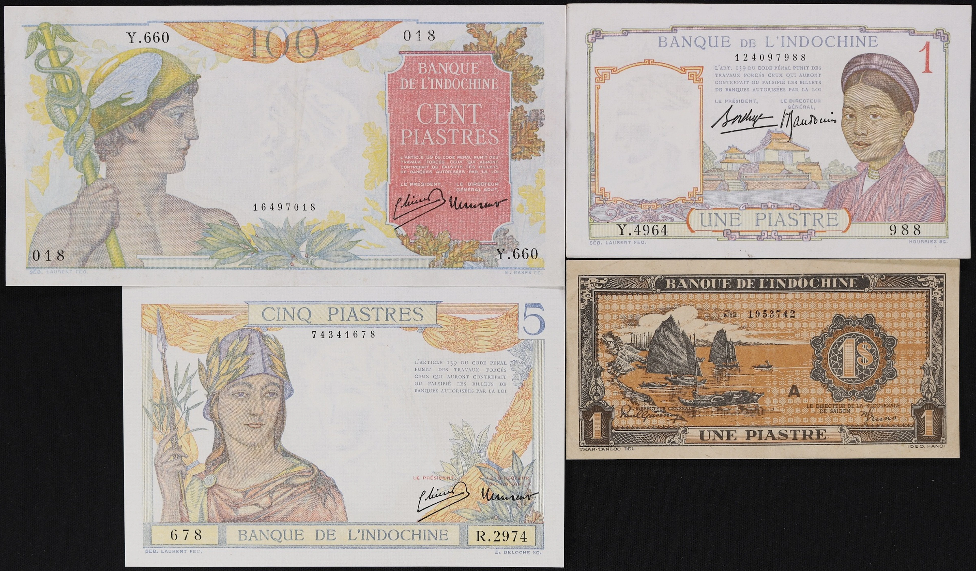 FRENCH INDO-CHINA. Lot of (4). Banque de l'Indochine. 1, 5, & 100