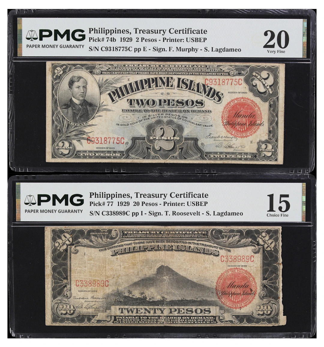 PHILIPPINES. Lot of (2). Treasury of the Philippine Islands. 2 & 20