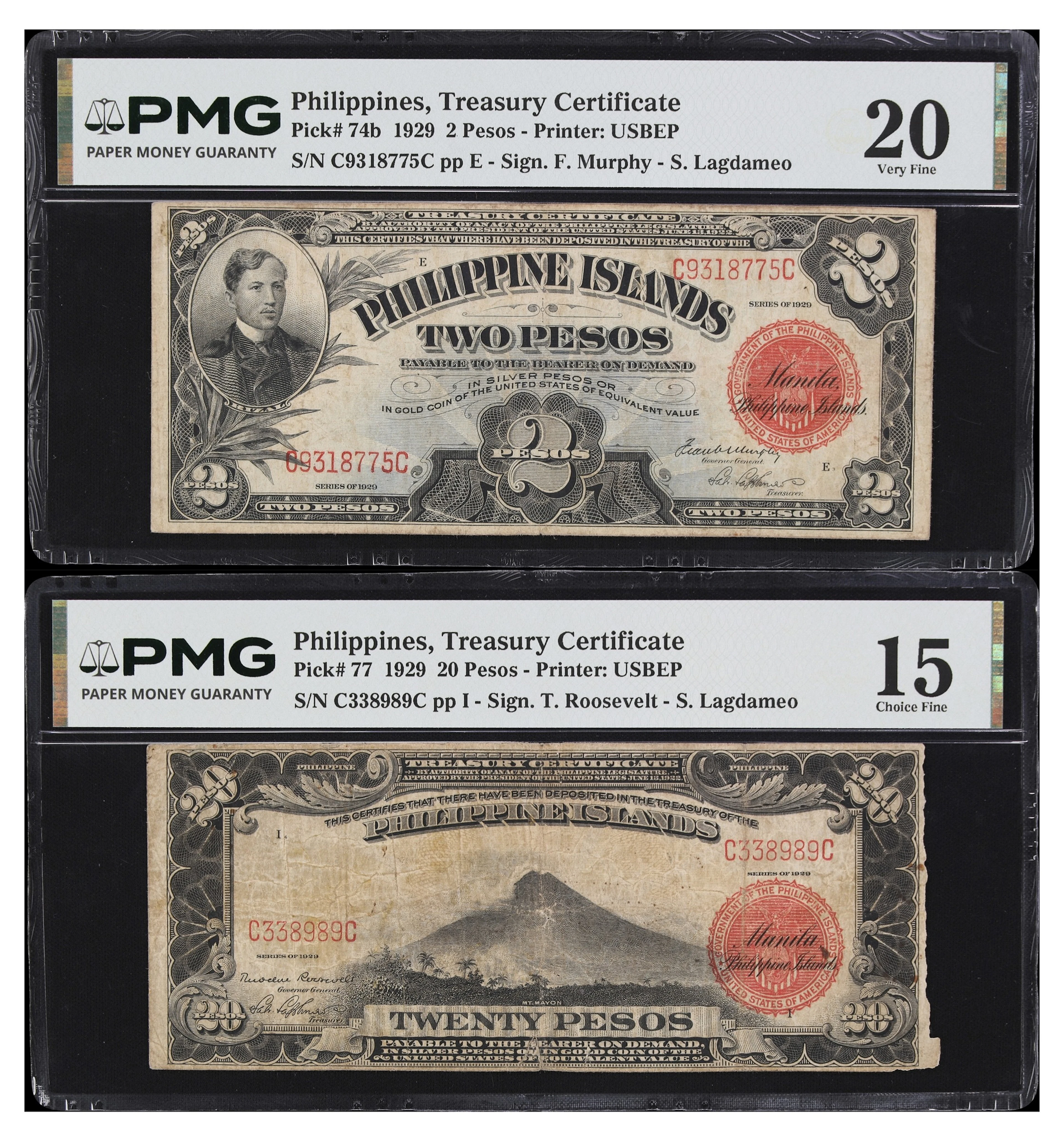 PHILIPPINES. Lot of (2). Treasury of the Philippine Islands. 2 & 20