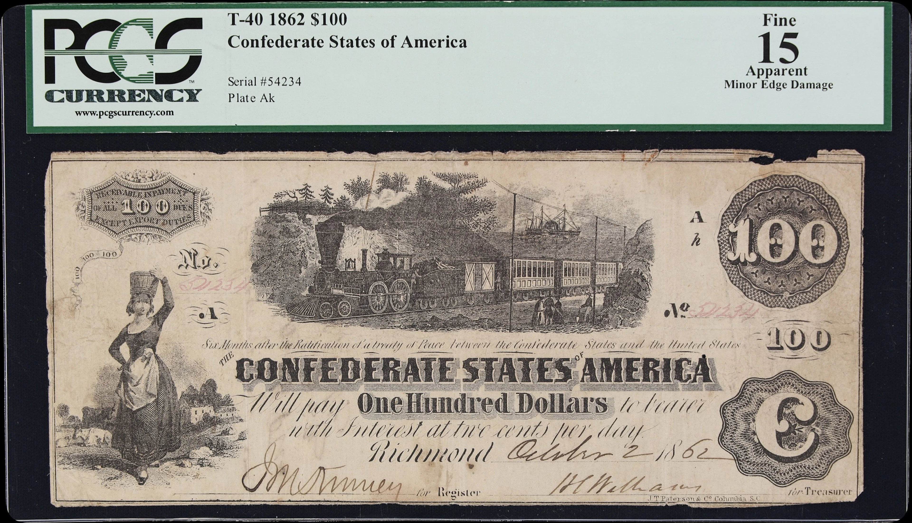 T-40. Confederate Currency. 1862 $100. PCGS Currency Fine 15 Apparent.