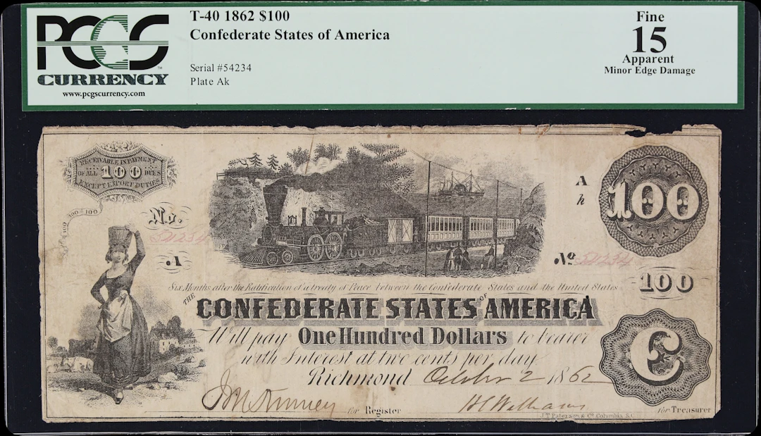 T-40. Confederate Currency. 1862 $100. PCGS Currency Fine 15 Apparent.
