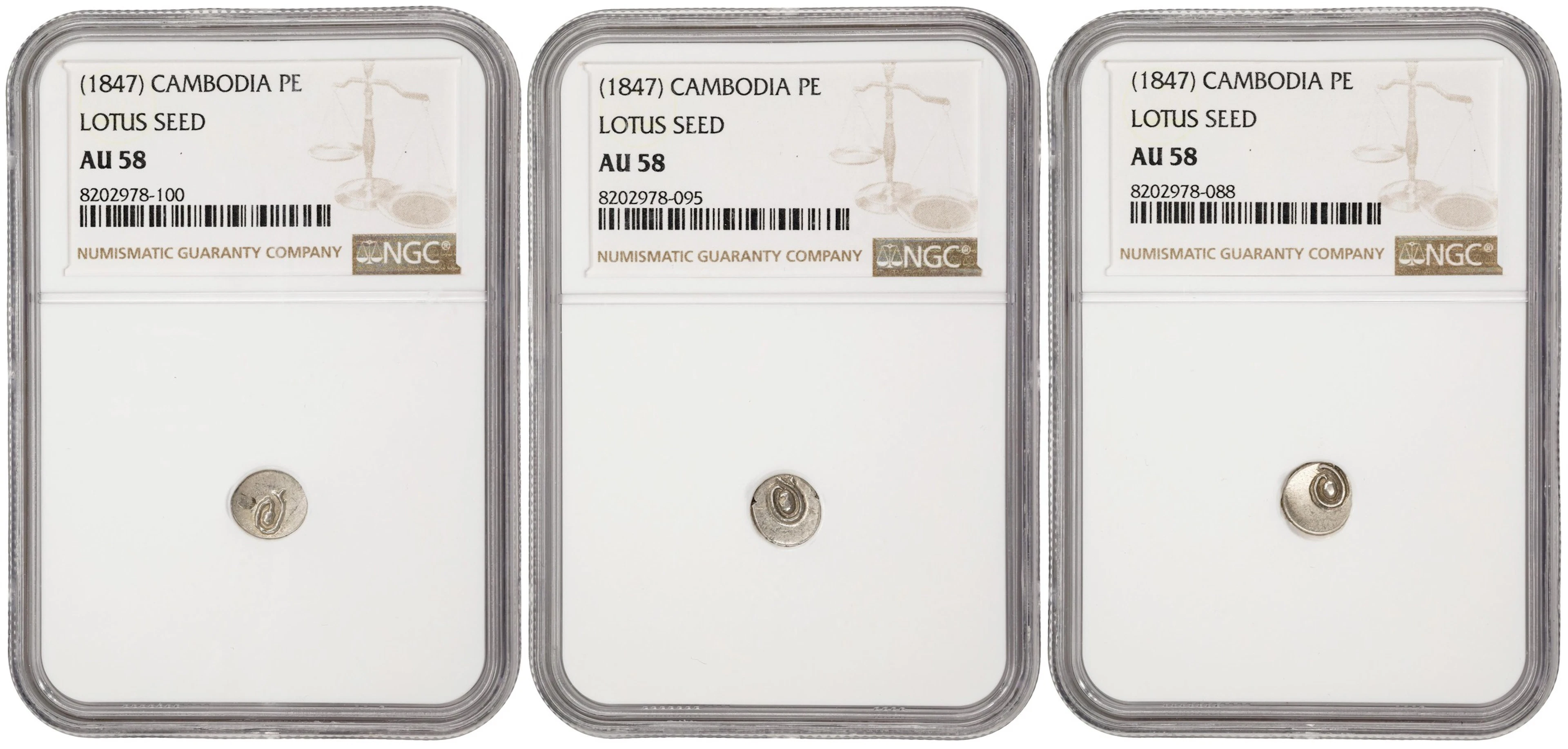 CAMBODIA. Trio of Pe (3 Pieces), ND (1847). Ang Duong. All NGC AU-58.