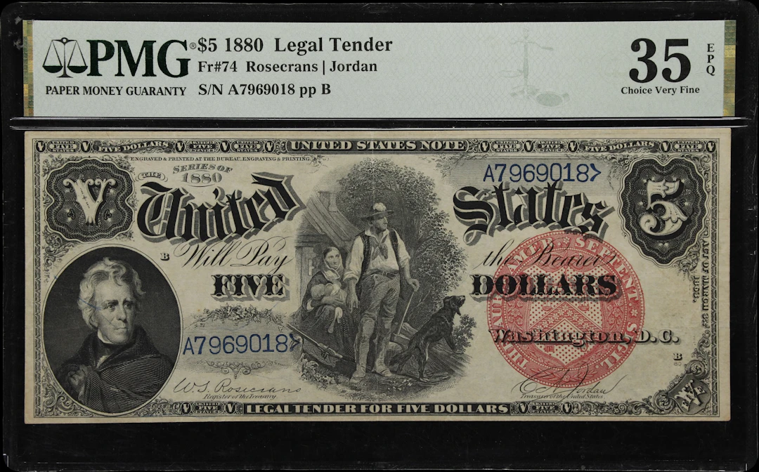 Fr. 74. 1880 $5 Legal Tender Note. PMG Choice Very Fine 35 EPQ.