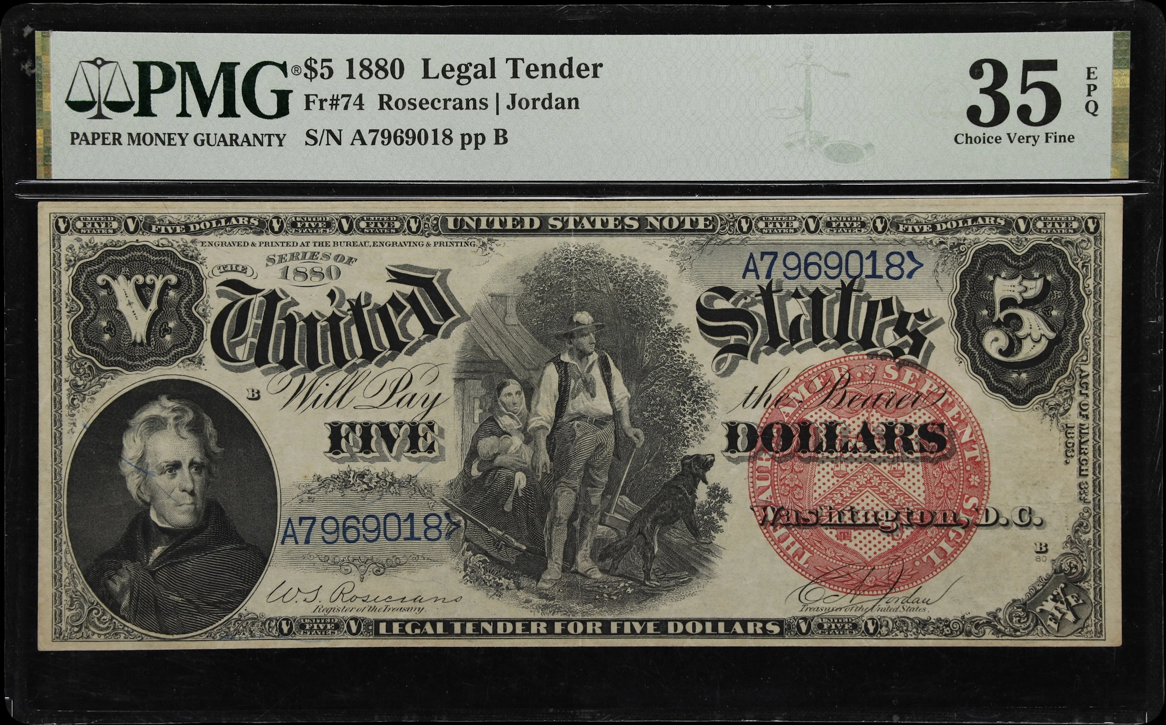 Fr. 74. 1880 $5 Legal Tender Note. PMG Choice Very Fine 35 EPQ.