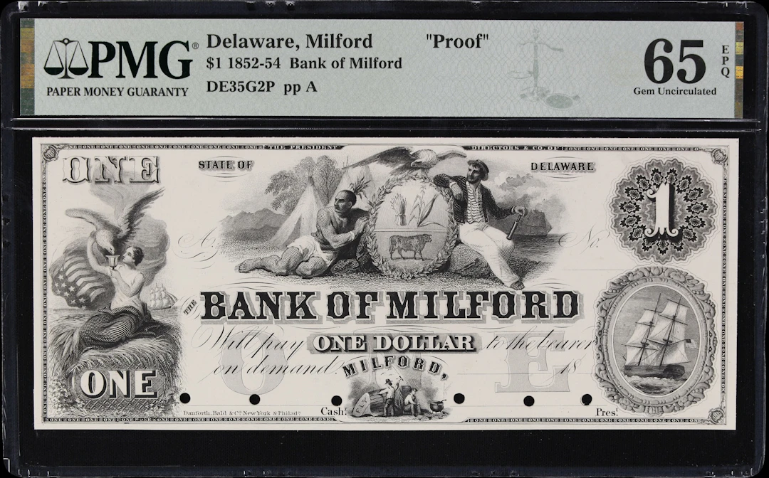 Milford, Delaware. Bank of Milford. 18xx $1. PMG Gem Uncirculated