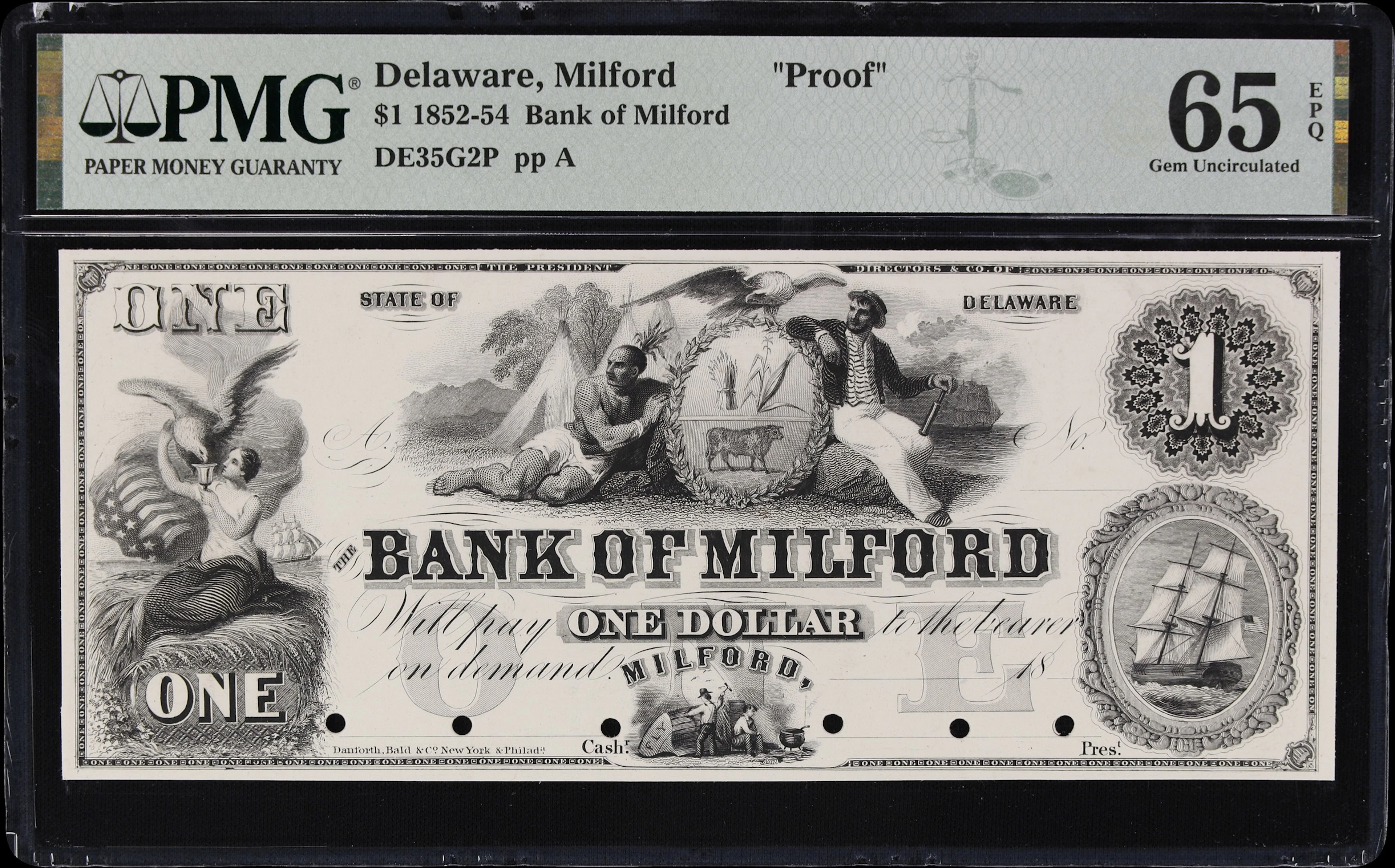 Milford, Delaware. Bank of Milford. 18xx $1. PMG Gem Uncirculated