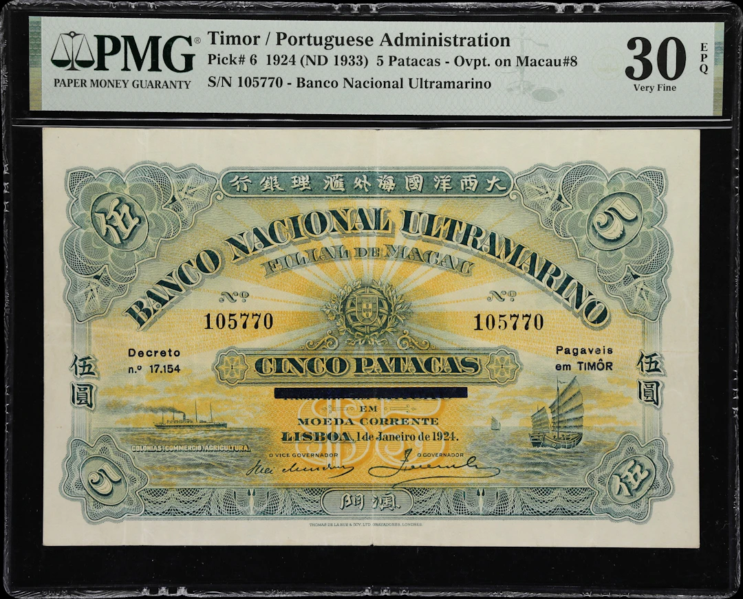 TIMOR. Banco Nacional Ultramarino. 5 Patacas, 1924 (ND 1933). P-6.