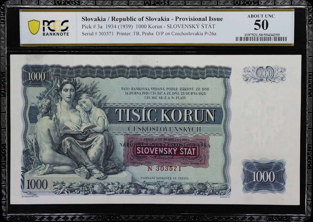 SLOVAKIA. Slovensky Stat. 1000 Korun, 1934 (ND 1939). P-3a. PCGS Banknote
