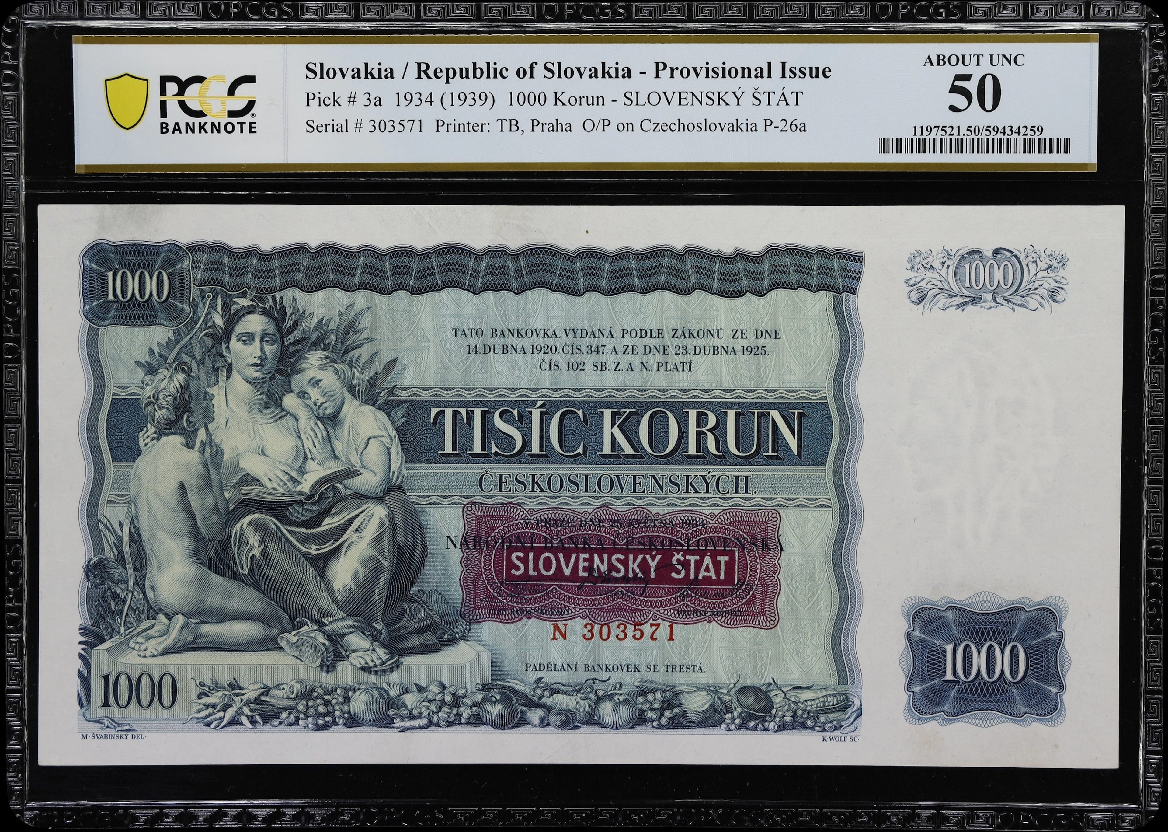SLOVAKIA. Slovensky Stat. 1000 Korun, 1934 (ND 1939). P-3a. PCGS Banknote