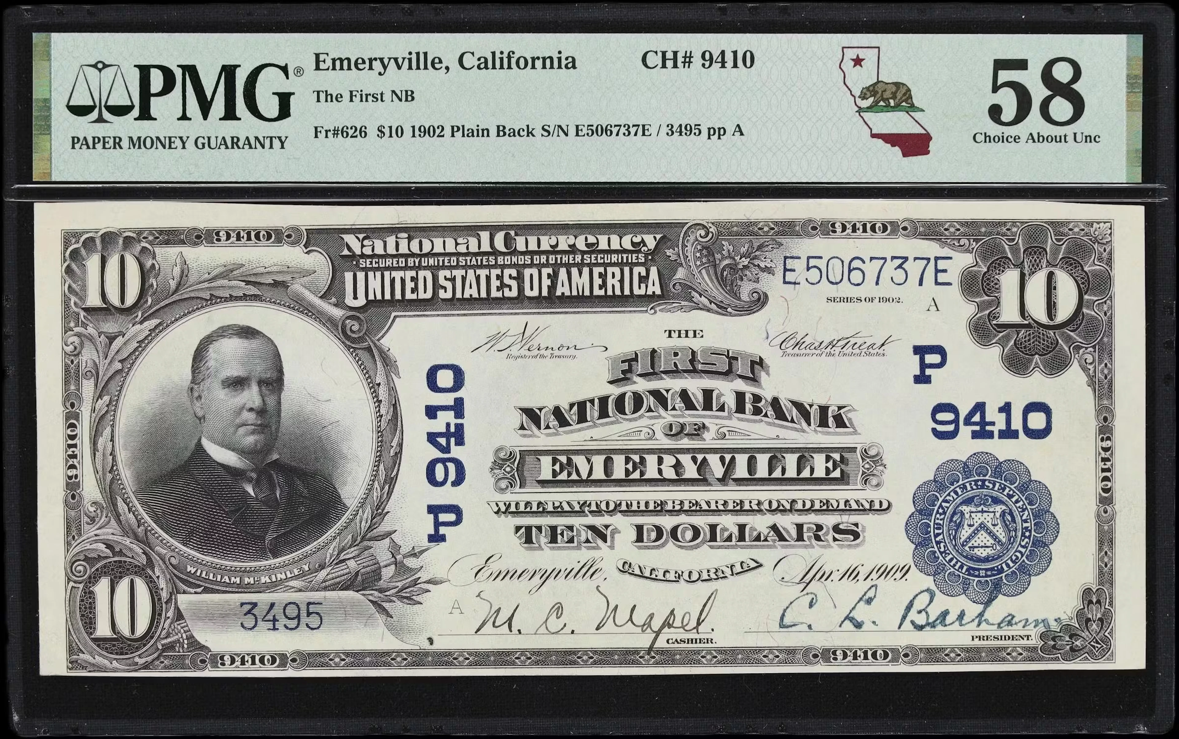 Emeryville, California. $10 1902 Plain Back. Fr. 626. First NB. Charter