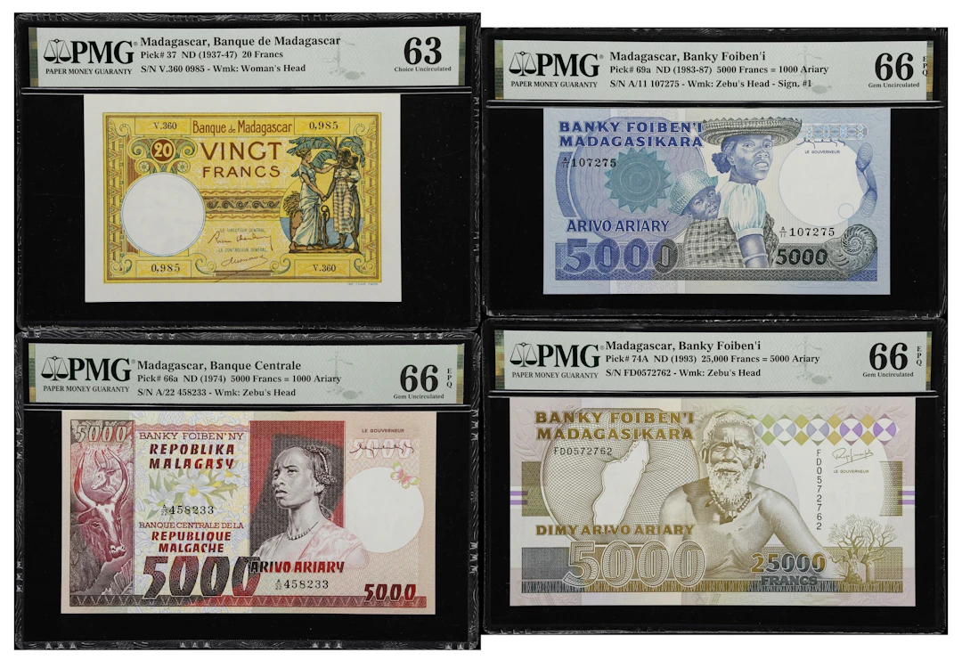 (◊) MADAGASCAR. Lot of (4). Mixed Banks. 20, 5000, & 25,000 Francs
