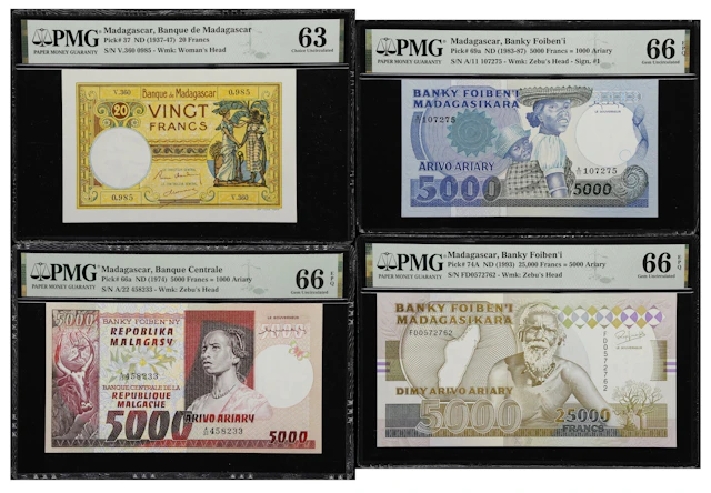 (◊) MADAGASCAR. Lot of (4). Mixed Banks. 20, 5000, & 25,000 Francs