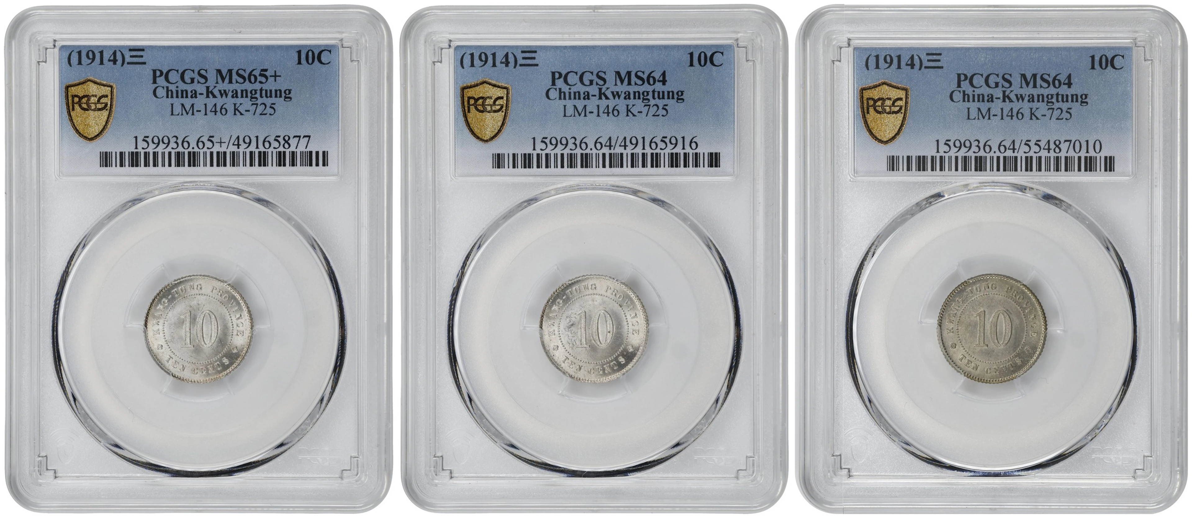 (t) CHINA. Kwangtung. Trio of 10 Cents (3 Pieces), Year 3 (1914).
