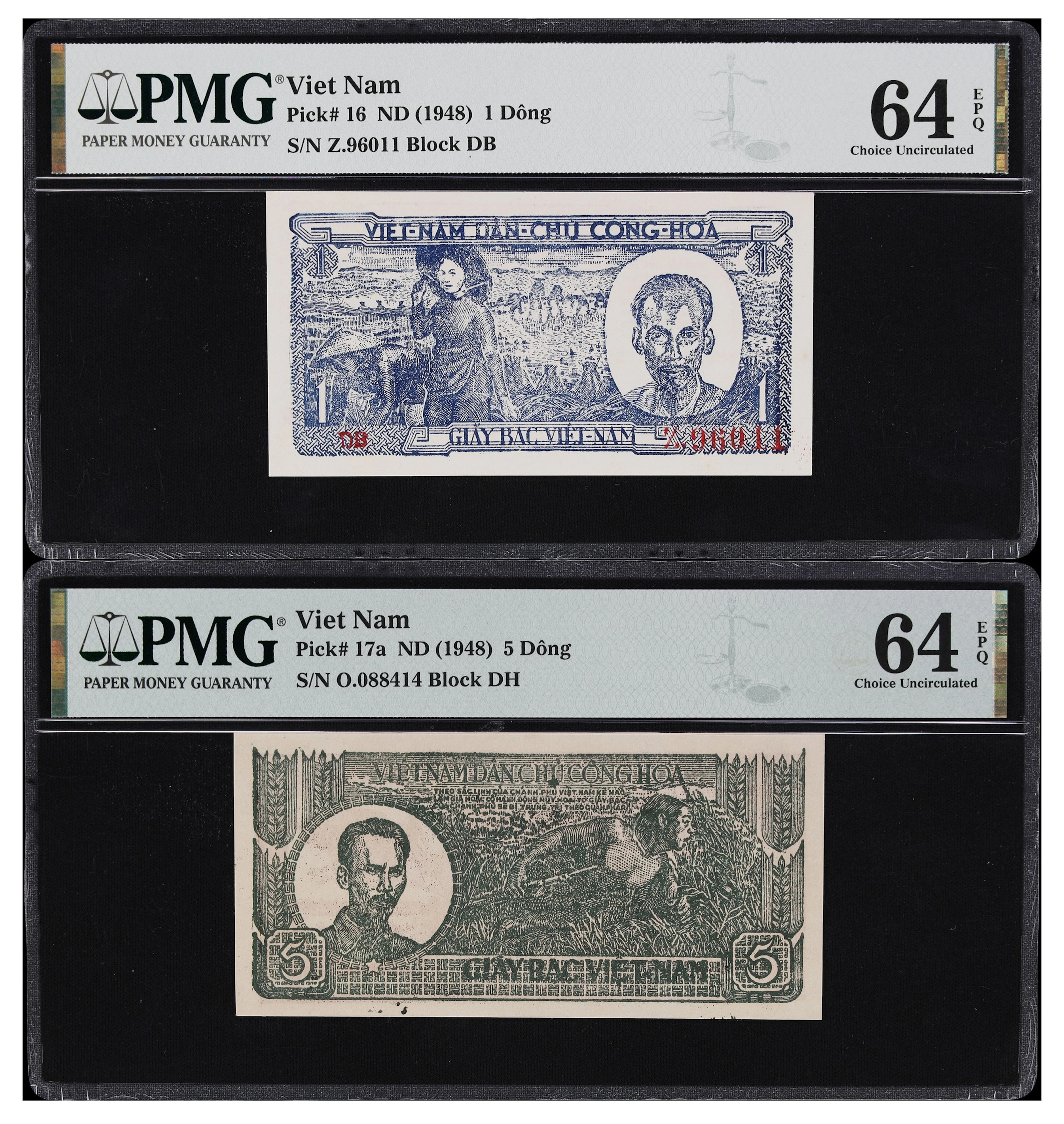 VIETNAM. Lot of (2). Viet-Nam Dan-Chu Cong-Hoa. 1 & 5 Dong, ND (1948).