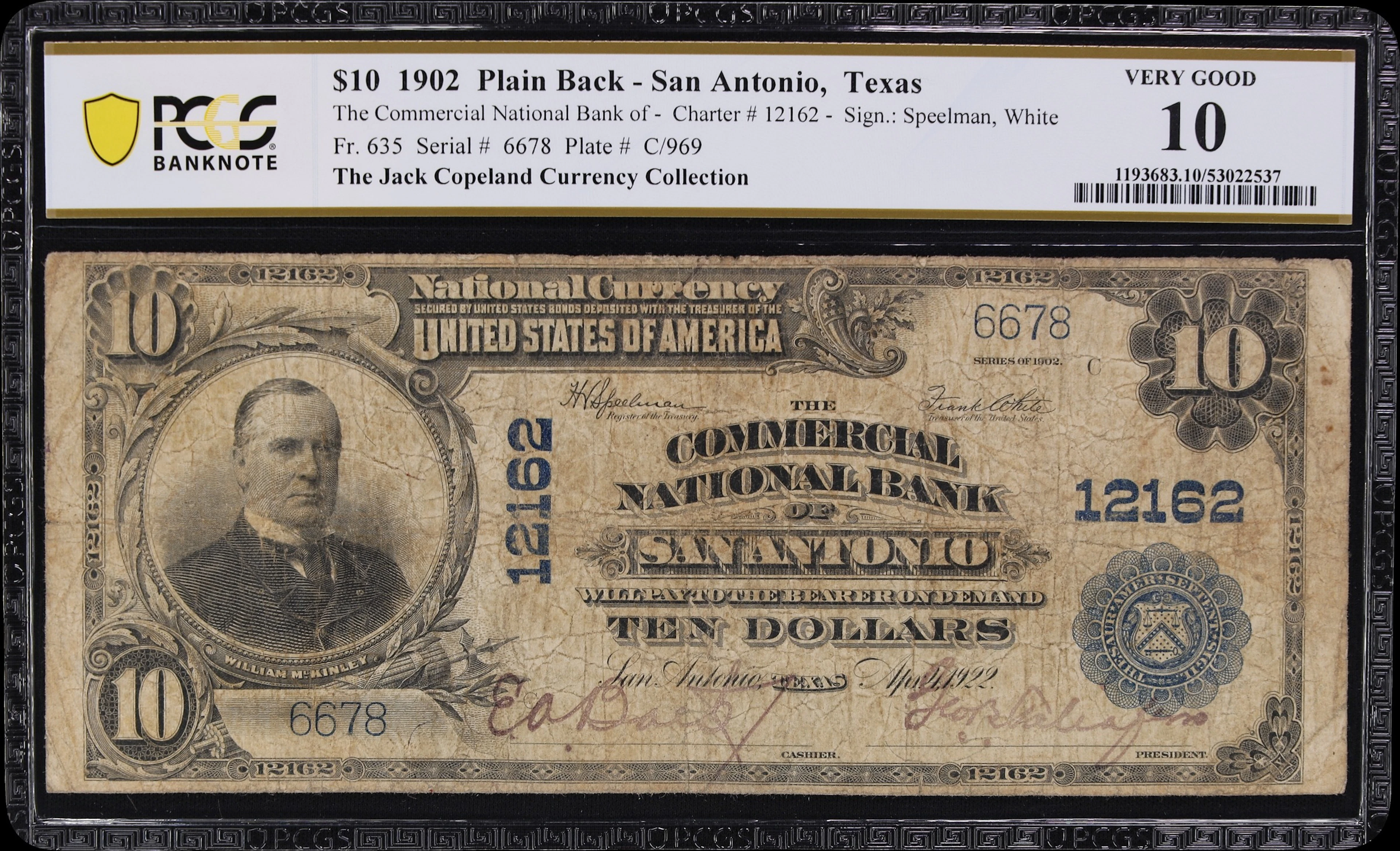 San Antonio, Texas. $10 1902 Plain Back. Fr. 635. Commercial NB. Charter